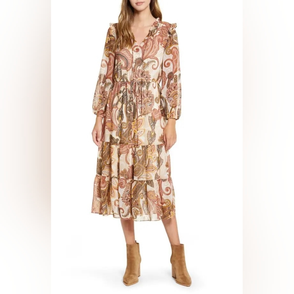 JUILA JORDAN Tiered Brown Chiffon Paisley Jacquard Midi Dress - Picture 2 of 7